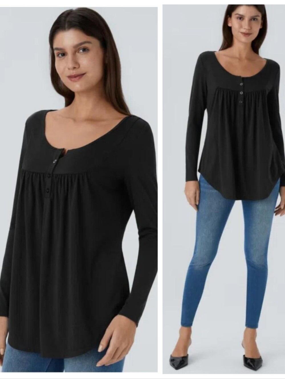 NWT Halara Black Long-Sleeve Scoop Neck Curved Hem Henley Top Women's Small NEW!